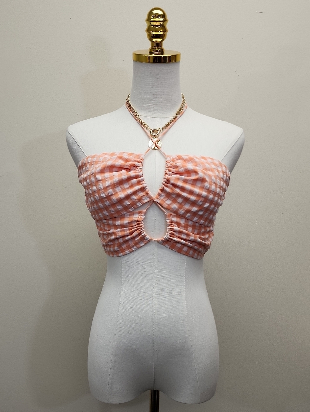 Cotton Candy LA Gingham Strapless Smocked Crop Top Keyhole Tie Peach Size Small